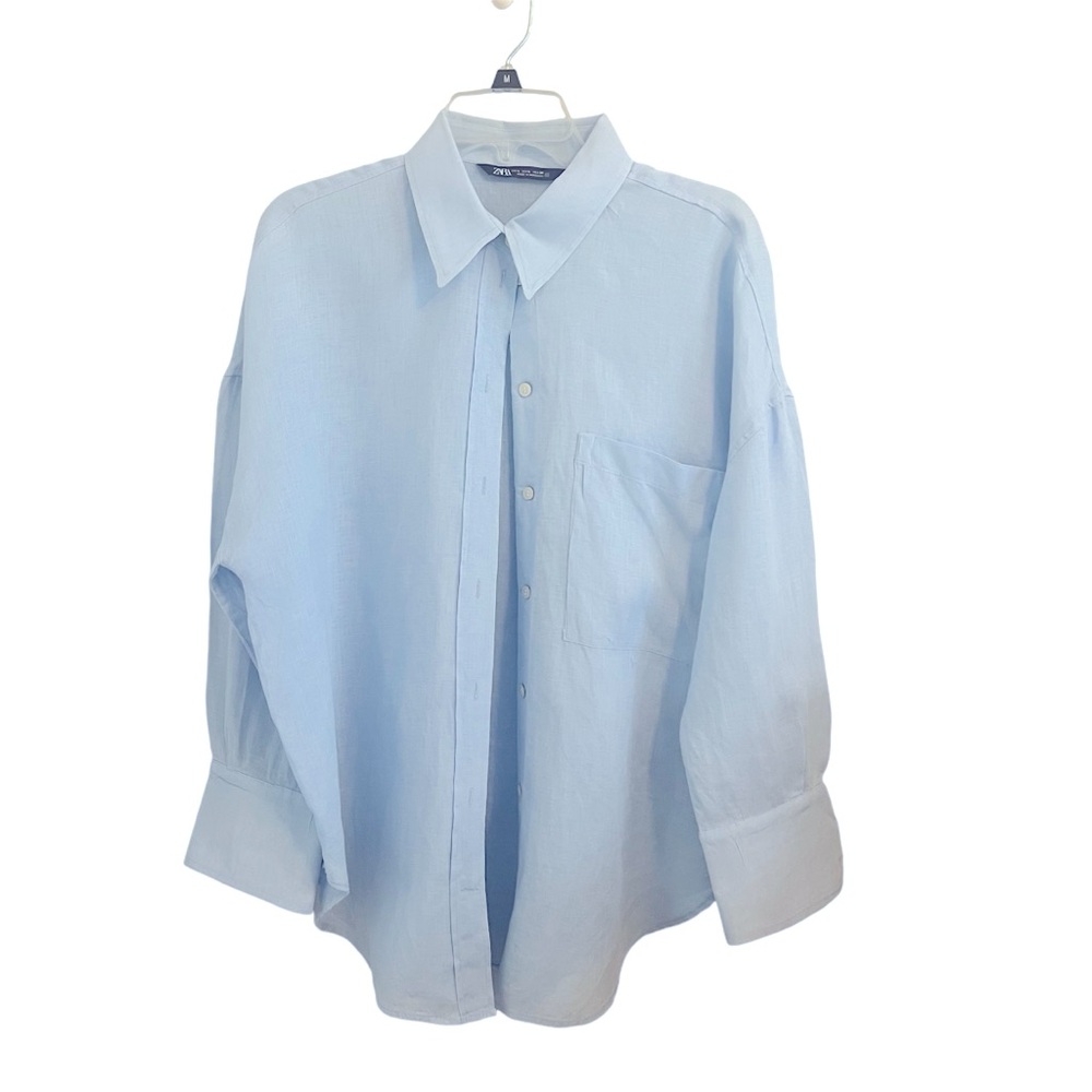 Zara 100% Linen Blue Shirt-Size Large- Long sleeve